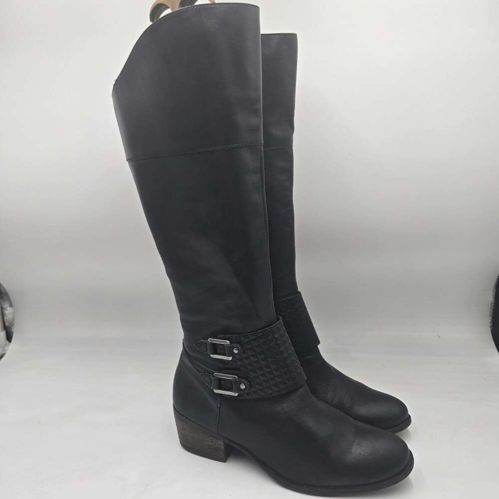 Vince Camuto Women Black Knee High Studded two Buckle Boot Riding Western 9.5 M